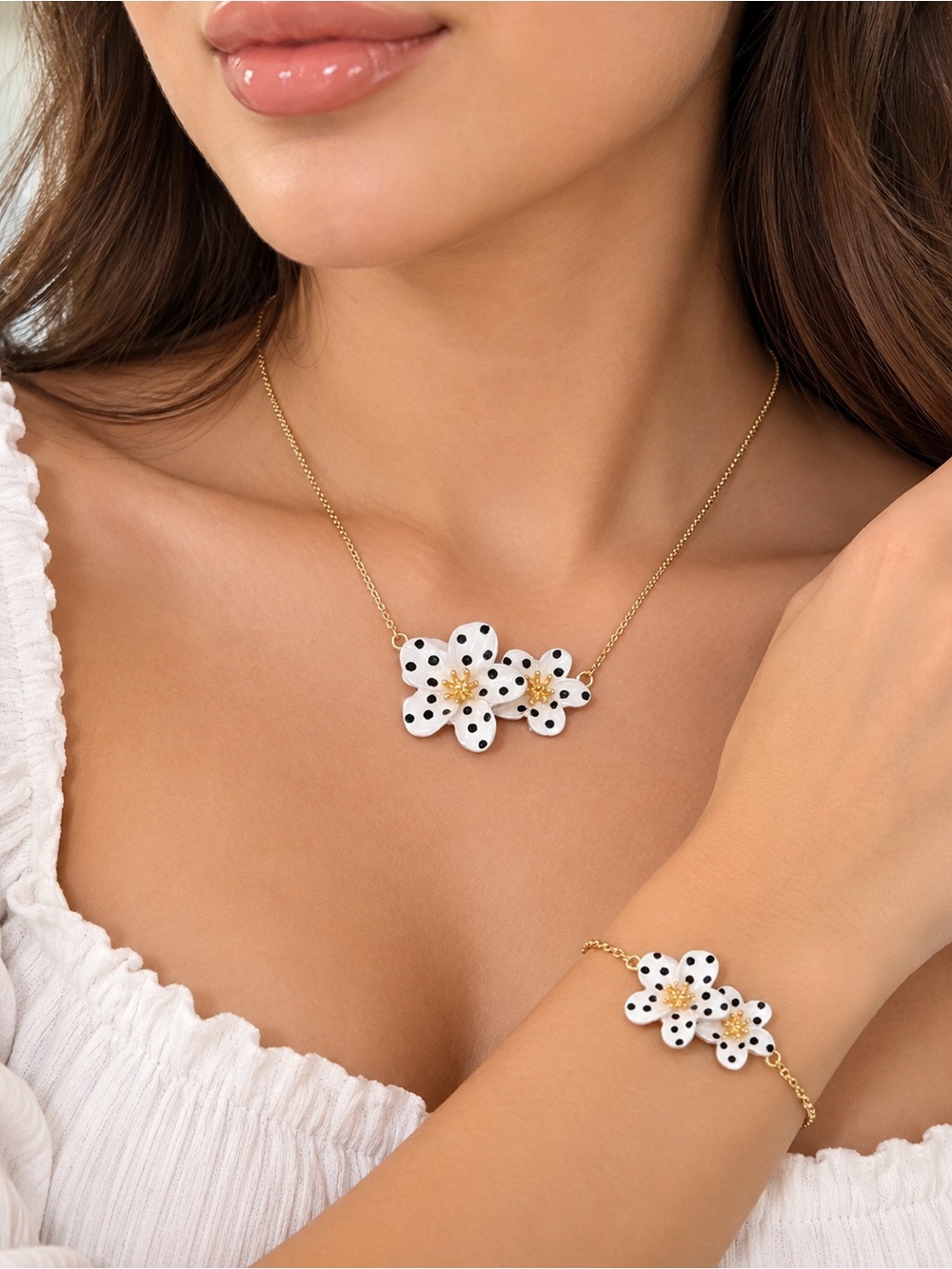 White Polka Dot Flower Necklace with Gold Chain